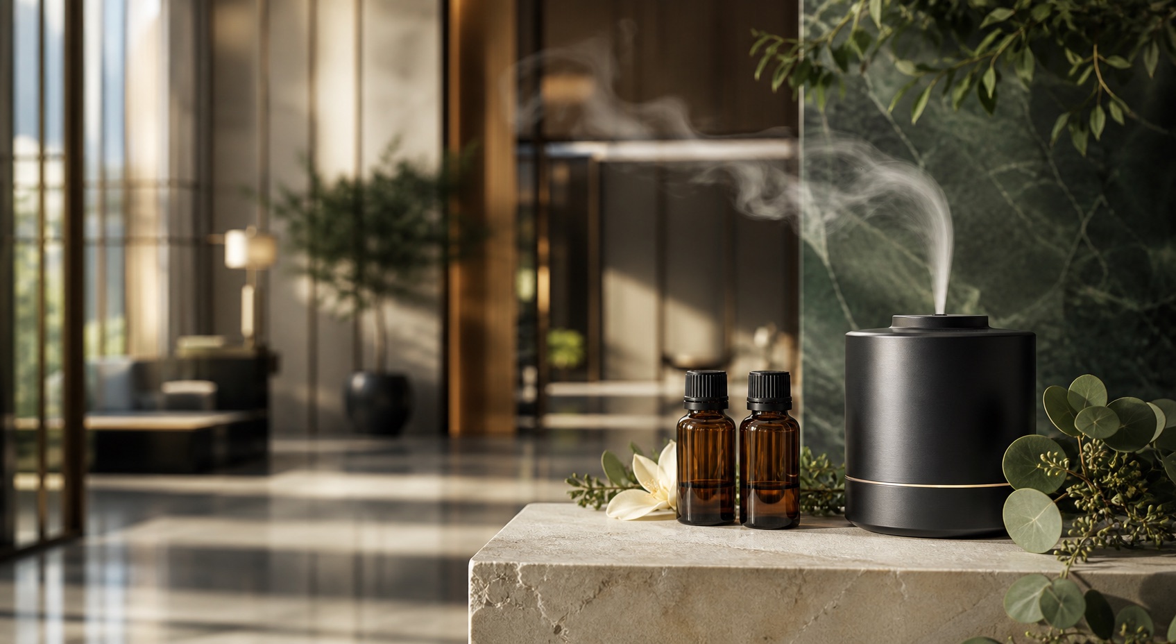 Commercial aroma diffuser and fragrance oils in a refined interior