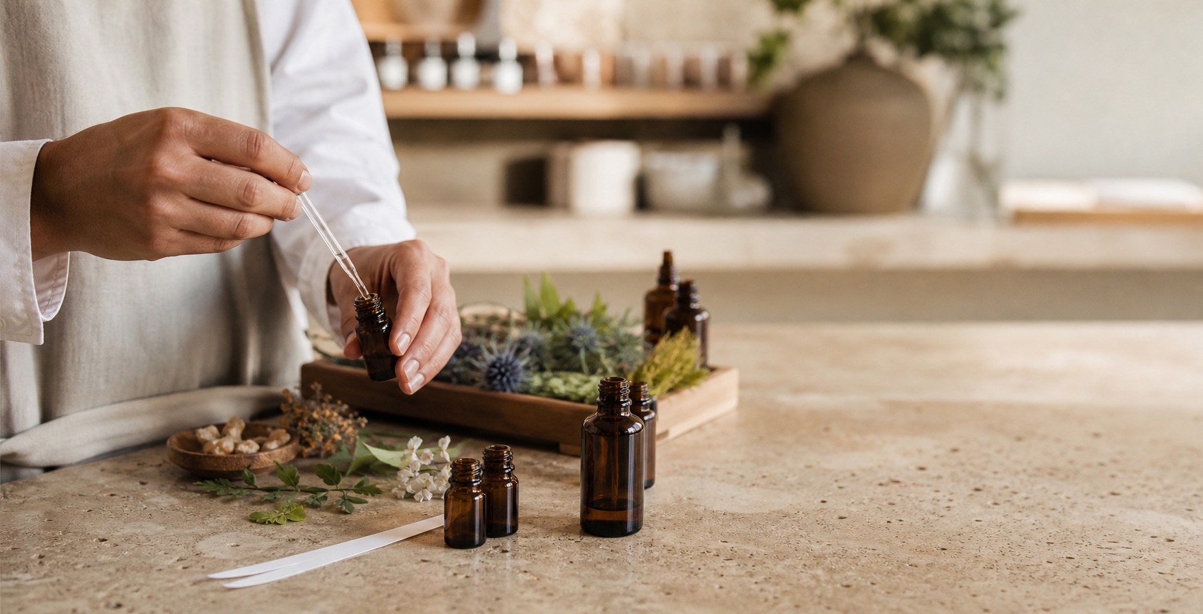 Fragrance specialist blending aromatic oils and botanicals