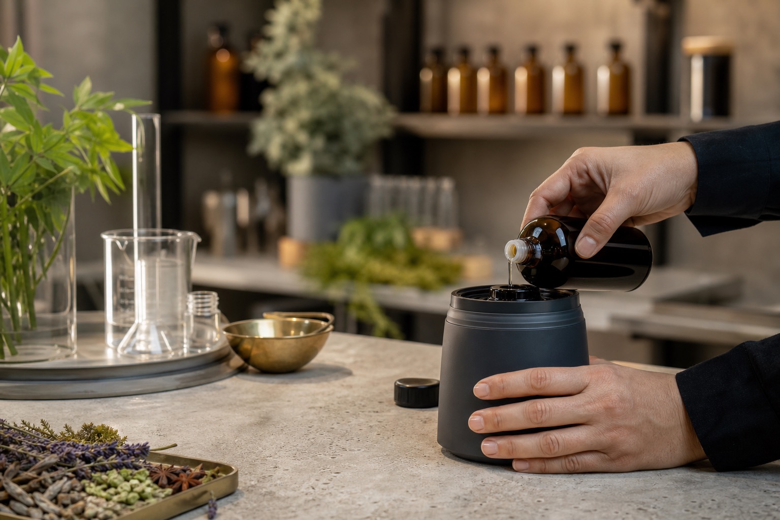 Fragrance specialist preparing a diffuser refill