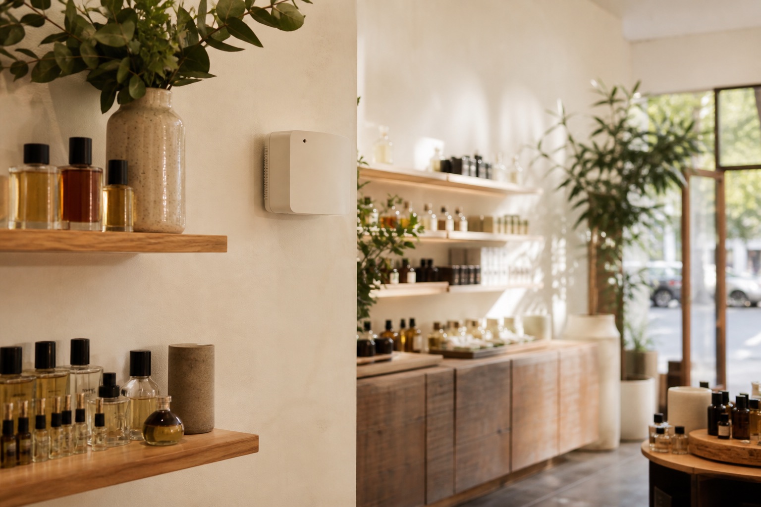 Boutique interior with a discreet wall-mounted aroma diffuser