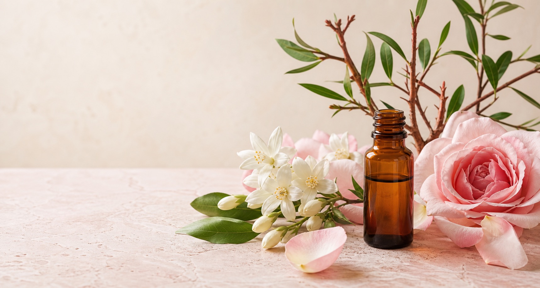 Jasmine, rose, botanical branches, and a fragrance oil bottle