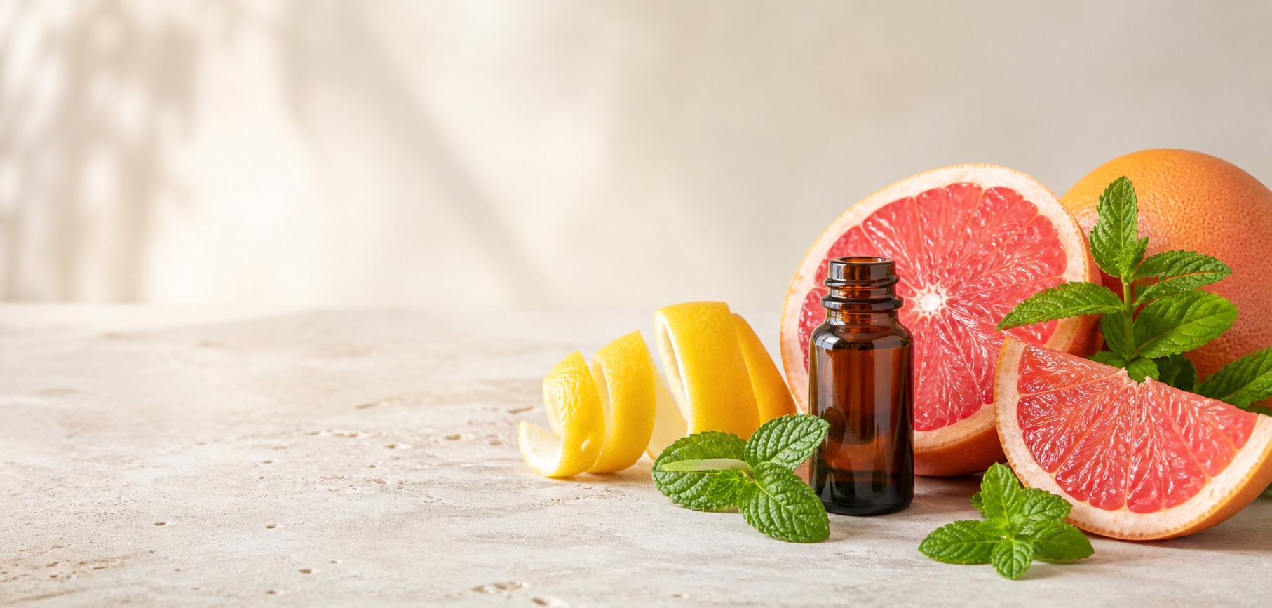 Grapefruit, lemon peel, peppermint, and a fragrance oil bottle