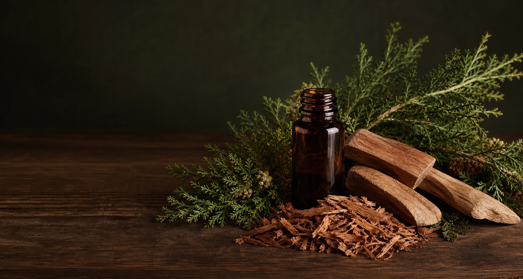 Cedarwood, cypress, sandalwood, and a fragrance oil bottle